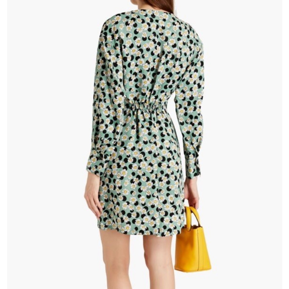 NWT Sandro Ruched Printed Linen-Blend Dress Size:40(US 8) Floral Polka Dot Green - Picture 2 of 11